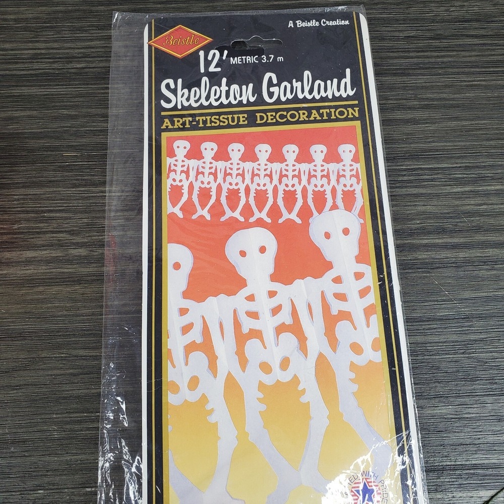 NOS‎ Beistle Halloween Decoration Skeleton Garland White Tissue 1991 11.5"x12ft